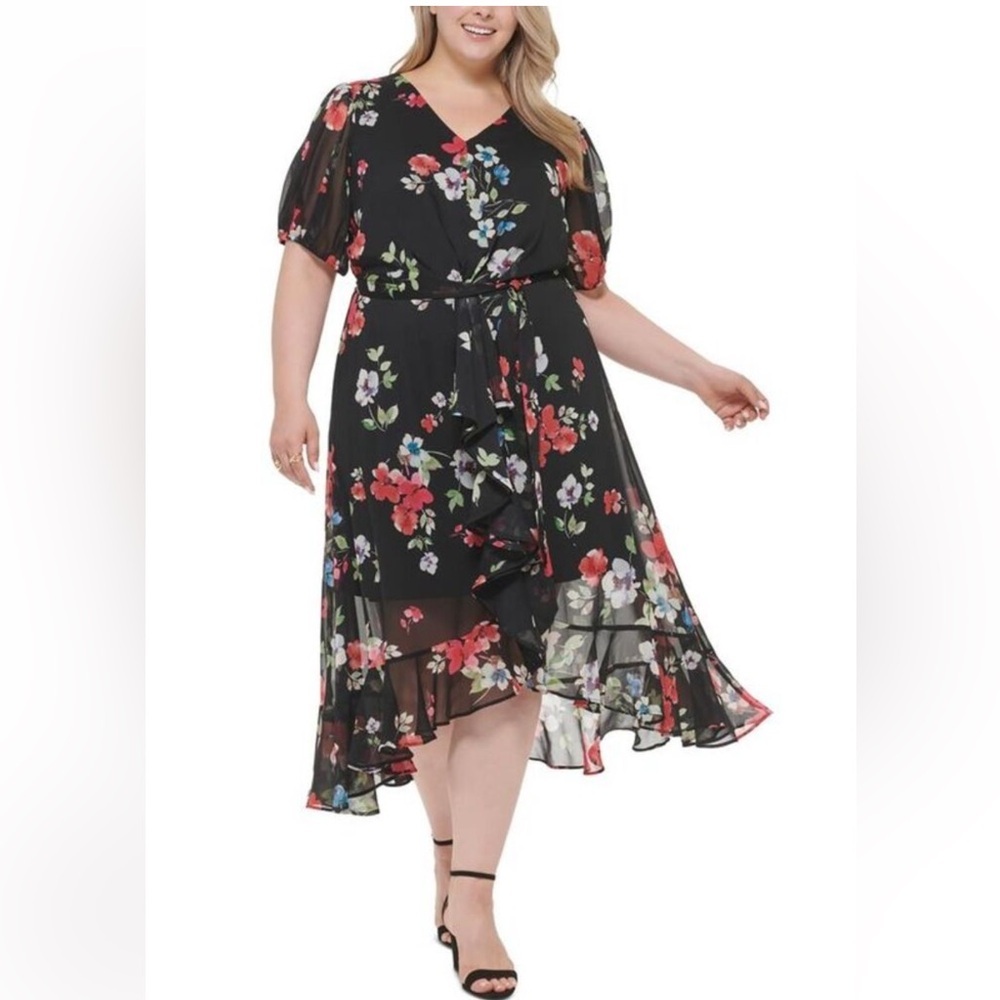 DKNY Women's Black
Floral-Print Ruffled Hem Puff Sleeve Midi
Dress Size 14W NWT - Picture 7 of 16